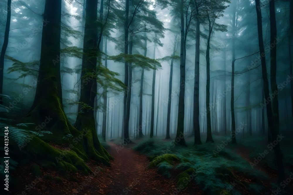 misty forest in the morning generated by AI technology	