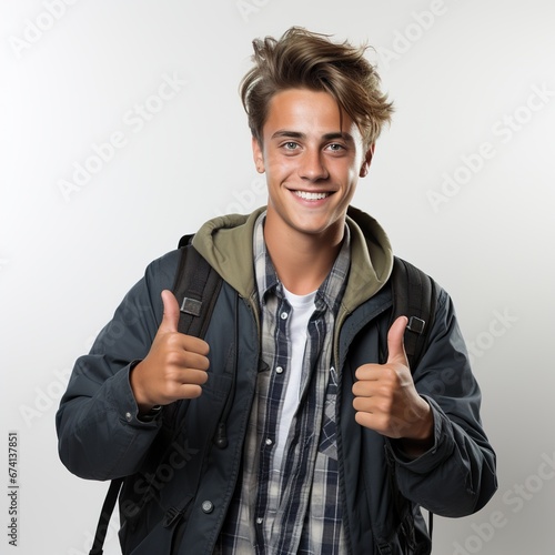 Etudiant heureux avec le sourire et les pouces levés. Happy student smiling with thumbs up.	
