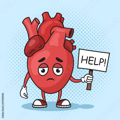 Sad sick anatomical heart asking for help pop art retro hand drawn vector illustration. Comic book style imitation.