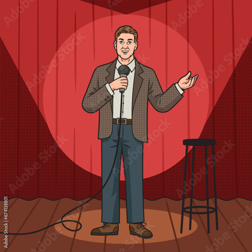 Stand-up comedy comedian man performing pinup pop art retro hand drawn vector illustration. Comic book style imitation.