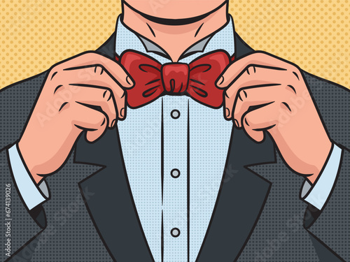 Man tying bow tie pinup pop art retro hand drawn vector illustration. Comic book style imitation.
