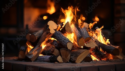 Cozy home ambiance with neatly stacked firewood in front of a warmly burning fireplace