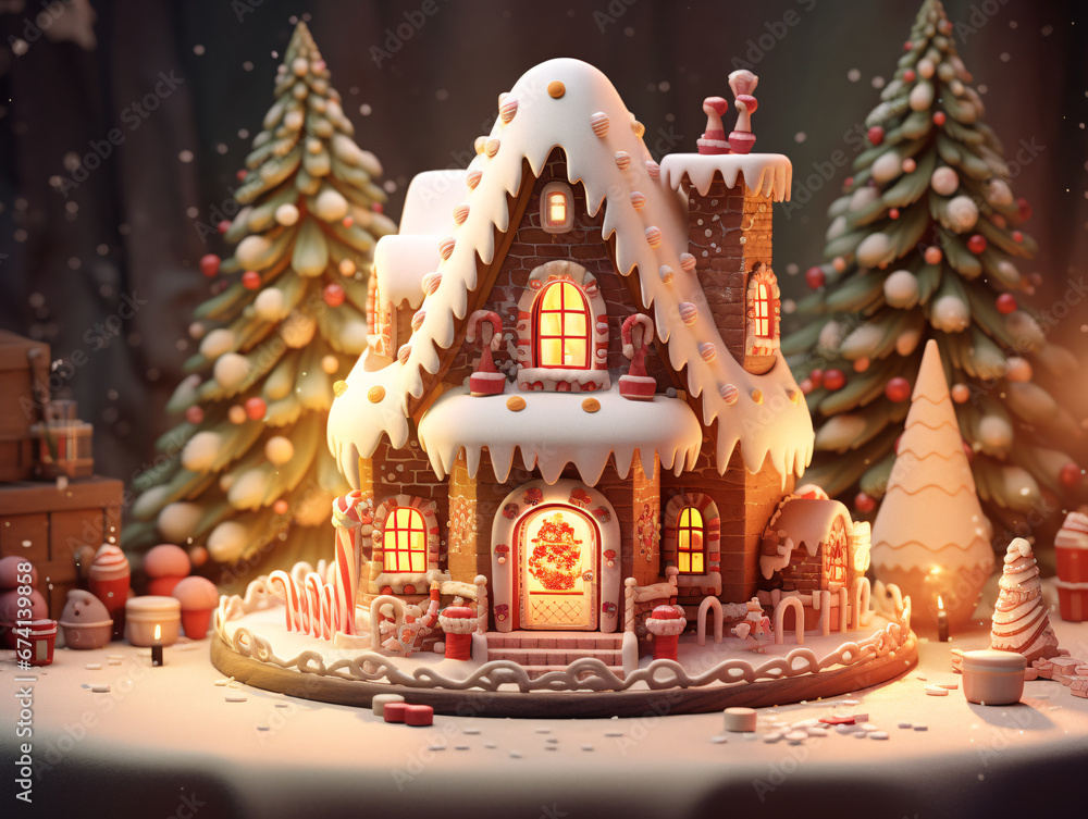 Illustration of Christmas traditional decorated gingerbread house with snow and lights, cozy New Year greeting postcard created with Generative AI technology