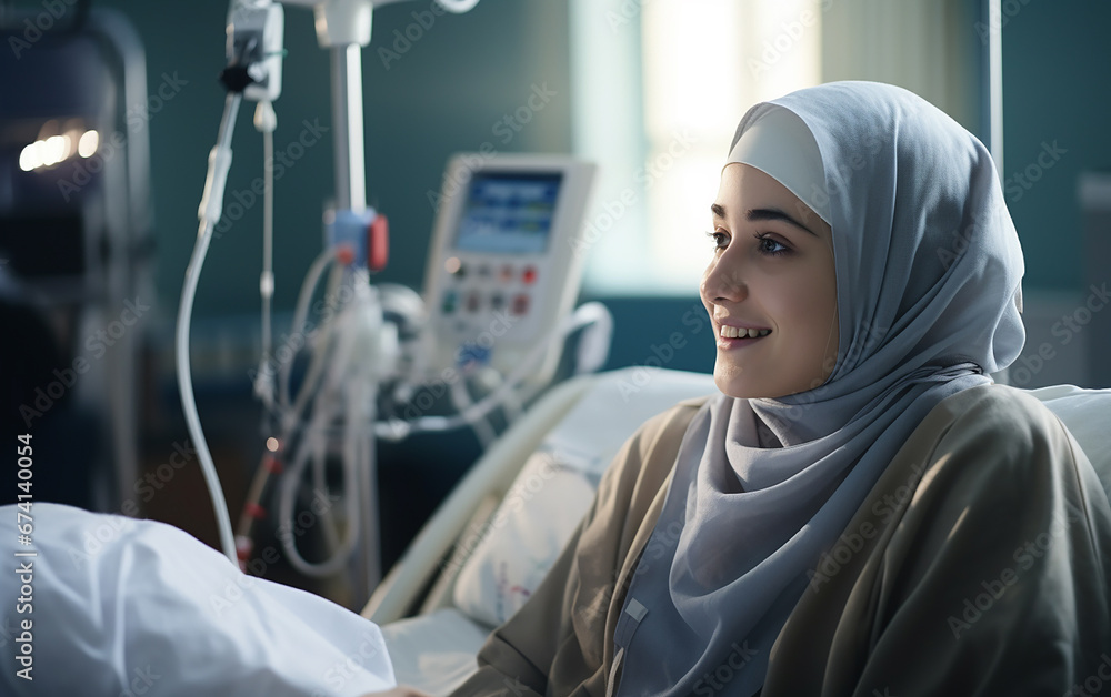 Horizontal portrait shot of attractive smiling adult Muslim patient wearing hijab. Islamic woman