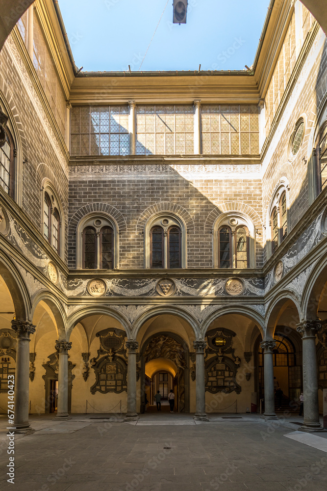 Florence, Italy - July 15, 2023: The courtyard of the Palazzo Medici Riccardi, designed by Michelozzo di Bartolomeo and built between 1444 and 1484