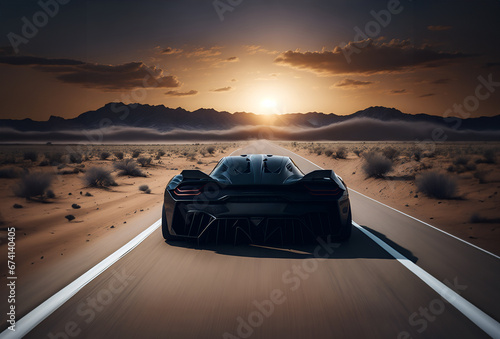 Rear view of a high-speed supercar on a dusty desert road. Black racing sport car racing through arid terrain