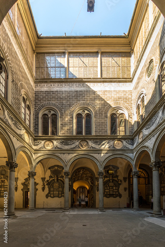 Florence, Italy - July 15, 2023: The courtyard of the Palazzo Medici Riccardi, designed by Michelozzo di Bartolomeo and built between 1444 and 1484 photo