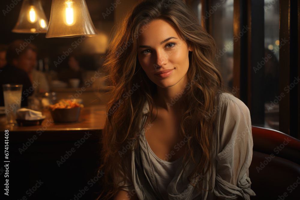Young woman sitting in bar, portrait of adult girl in restaurant or cafe. Female person with long hair on blurry background of dark interior. Concept of fashion, night, beauty