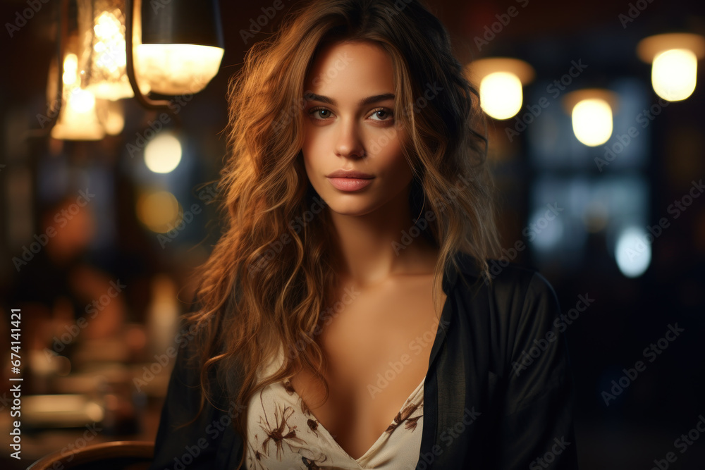 Portrait of adult girl sitting in restaurant, attractive young woman in dark bar or cafe. Female person with long brown hair looks at camera. Concept of fashion, night, beauty