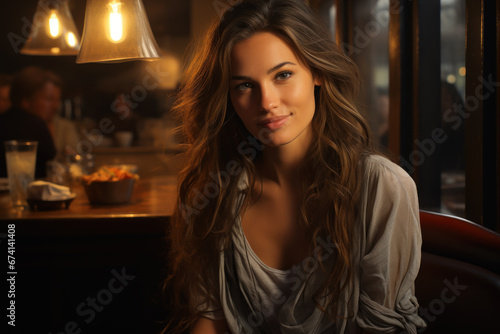 Young woman sitting in bar, portrait of adult girl in restaurant or cafe. Female person with long hair on blurry background of dark interior. Concept of fashion, night, beauty