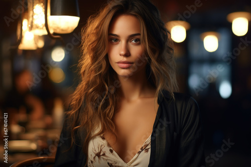 Portrait of adult girl sitting in restaurant, attractive young woman in dark bar or cafe. Female person with long brown hair looks at camera. Concept of fashion, night, beauty