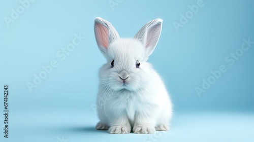 Cute white rabbit sitting on a blue background with copy space.