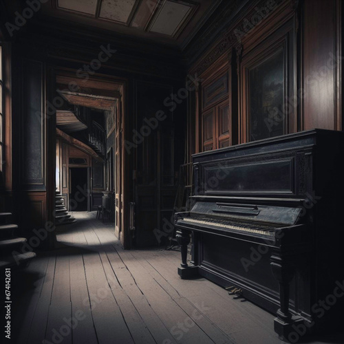 Dark hallway of an uninhabited house with a piano © Jaume