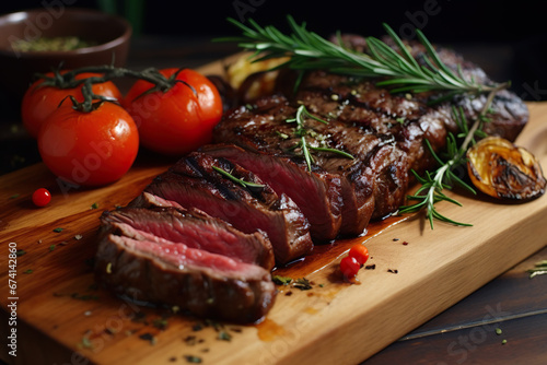Succulent Grilled Steak on Wooden Board with Fresh Tomatoes and Herbs