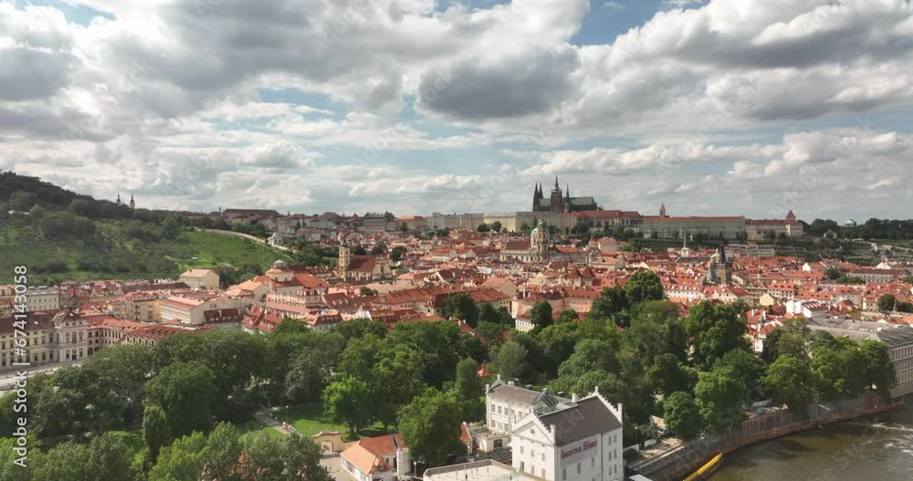 Aerial view Charles Bridge, Vltava river in Prague, Czech Republic. City panorama. Panoramic view Prague old town. Drone flight over the Prague city, top view. Vltava River. Aerial view Charles Bridge, Vltava river in Prague, Czech Republic. City panorama. Panoramic view Prague old town. Drone flight over the Prague city, top view. Vltava River.