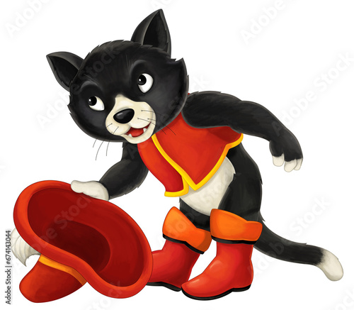 cartoon scene with happy nobleman cat dressed like human knight or prince isolated illustration for children