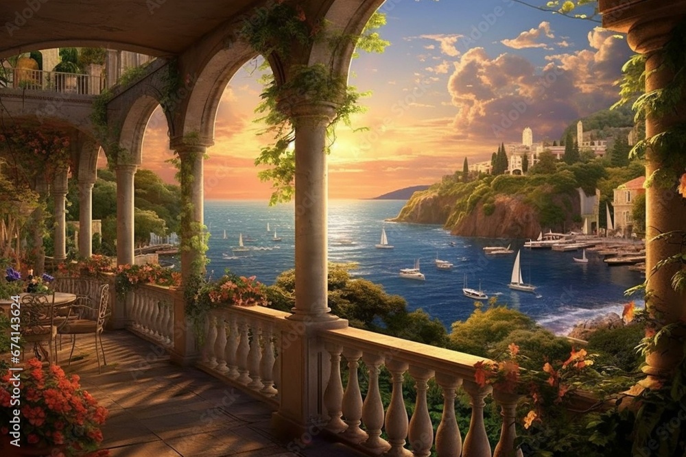 Stunning coastal scenery. Charming villa, balcony, ocean vista, yachts, sunset, floral arches, vines. 3D art. Generative AI