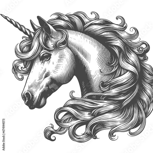 vector vintage illustration of unicorn in engraving style. Hand drawn portrait of magic animal isolated on white. Fantasy character sketch