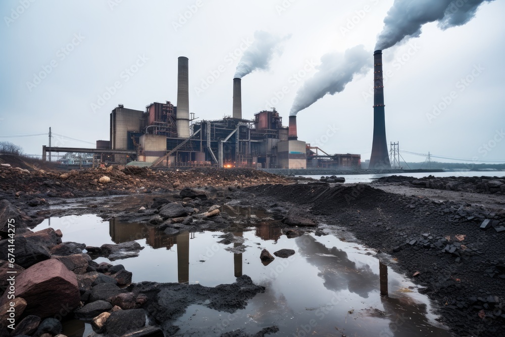 Coal plant pollution hazard. Emitting fumes and smoke, coal power plant's impact on the environment is highlighted, signaling the consequences of continued fossil fuel usage