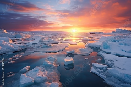 Arctic ice melting.Vast Arctic expanse in a state of meltdown, revealing the alarming impact of global warming on polar ice caps and rising sea levels photo