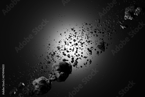 Outer space planet exploded into numerous asteroids with a bright spot of light. Illustration of the concept of new nova star explosion photo
