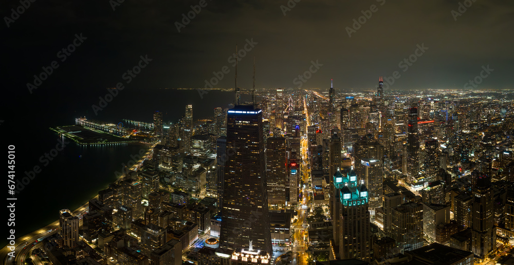 Aerial view of Chicago city skyline, Illinois, USA. at night. September 2023.