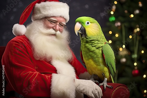 Santa Claus with green parrot pet photo shoot at Christmas holiday photo