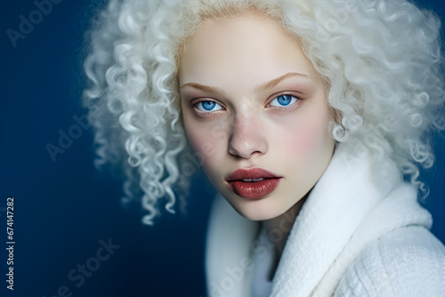 Portrait of a beautiful albino woman isolated on blue studio background. Beauty  fashion  skin care  cosmetics concept. Well-groomed skin  fresh look. Inclusion and Diversity