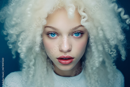 Portrait of a beautiful albino woman isolated on blue studio background. Beauty, fashion, skin care, cosmetics concept. Well-groomed skin, fresh look. Inclusion and Diversity