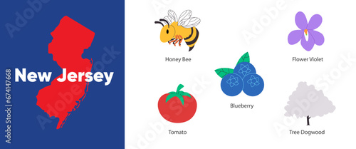 New Jersey states with symbol icon of northern highbush blueberry tomato violet flower dogwood tree and honey bee illustration photo