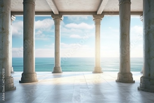 Empty room with pillars and ocean view - industrial interior background. Generative AI