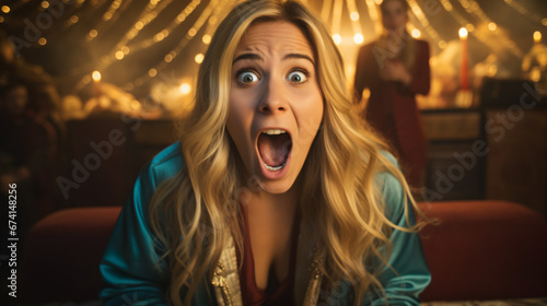Caucasian, blonde teenager with a surprised face, with eyes and mouth wide open, spontaneous photo taken inside a bar.