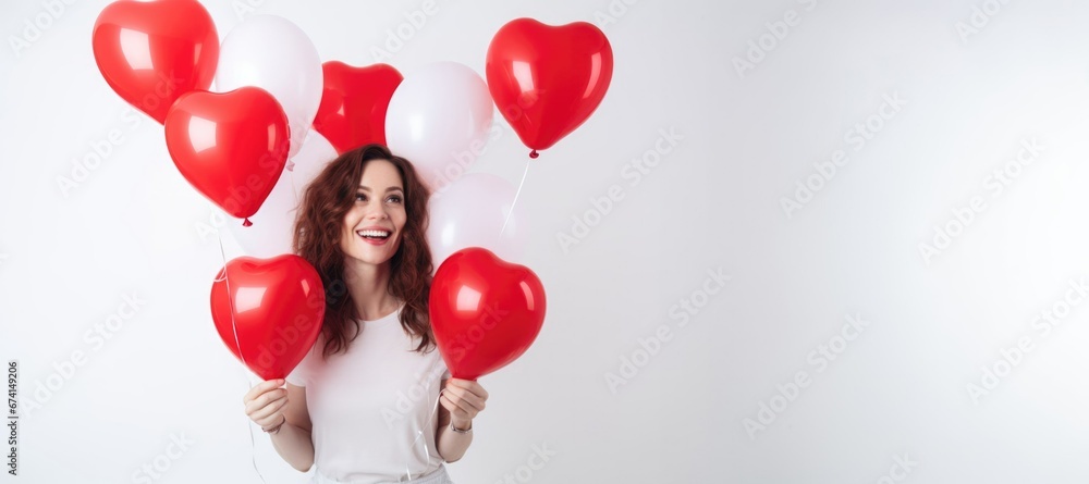 custom made wallpaper toronto digitalYoung woman with red and pink heart-shaped air balloons celebrating Valentine's Day