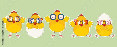 Vector collection of groovy easter chicks. Trendy retro 60s, 70s.Vector illustration for design or print