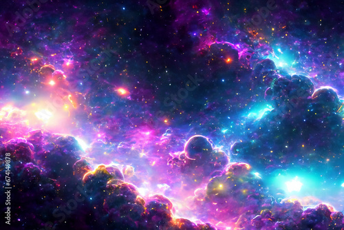 Dichte Wolken aus bunten kräftig leuchtenden Galaxien aus Sternen und Planeten in einem dunklen unendlich weiten Universum. Hintergrund und Vorlage für Technik, Astronomie, Wissenschaft und Forschung.