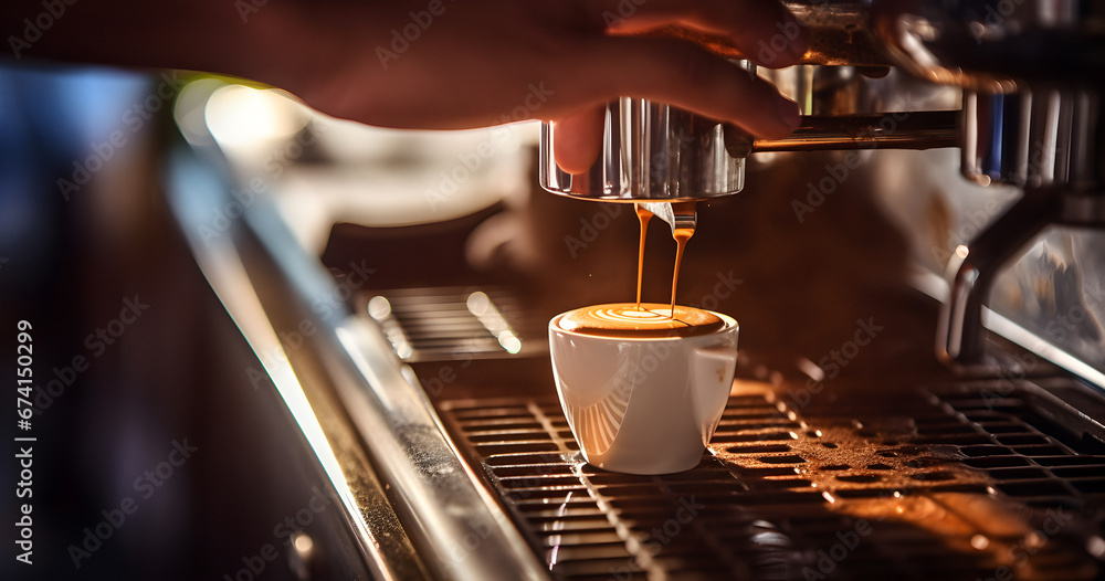 making coffee, espresso pouring, machine prepares coffee, aromatic espresso, barista cafe restaurant, Making fresh cappuccino, close-up view