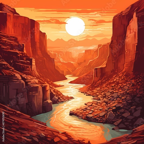 Leinwand Poster Highly detailed and colorful Illustration of a canyon at sunset with the sun in
