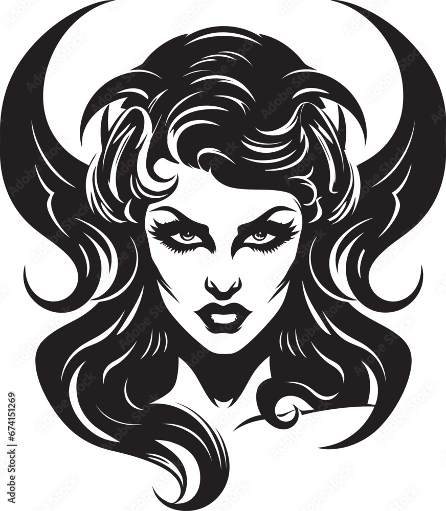 Icon of Seduction Beautiful Female Demon in Black Vector Sultry Temptress Black Demon Emblem Mastery