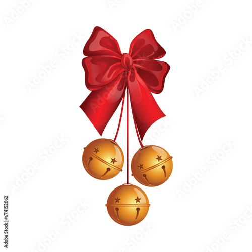 Christmas bells - a bunch of three pieces with a bow. Vector illustration on the theme of New Year and Christmas, isolated objects. New Year decoration