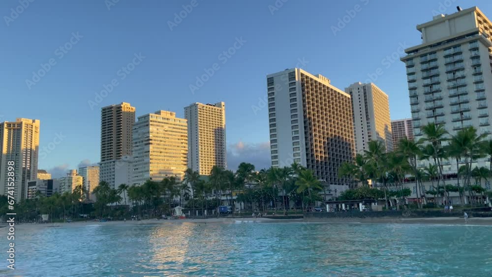 Scenic panoramic Waikiki Beach vista in early morning, Honolulu, Oahu, Hawaii Scenic panoramic Waikiki Beach vista in early morning, Honolulu, Oahu, Hawaii