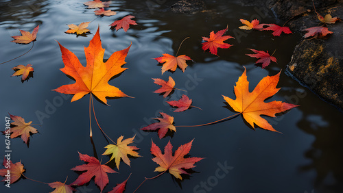 Maple leaf on a dark autumn water in the river