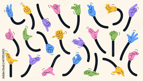 Mascot colorful arm collection. Vector set of different hands. Cartoon elements of old 1920 to 1950 design style. Creator for mascot characters of vintage poster.