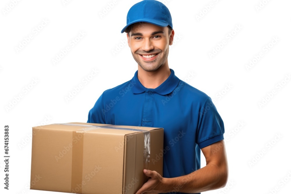 A friendly smiling man in a postman's uniform with a parcel. Mail, delivery, parcel. A friendly smiling man in a postman's uniform with a parcel. Mail, delivery, parcel.