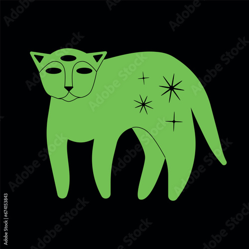 Vector illustration. Bright green cat with three eyes on a black background