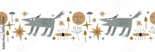Vector seamless bordure Mystical wolf moon stars plants on a white background