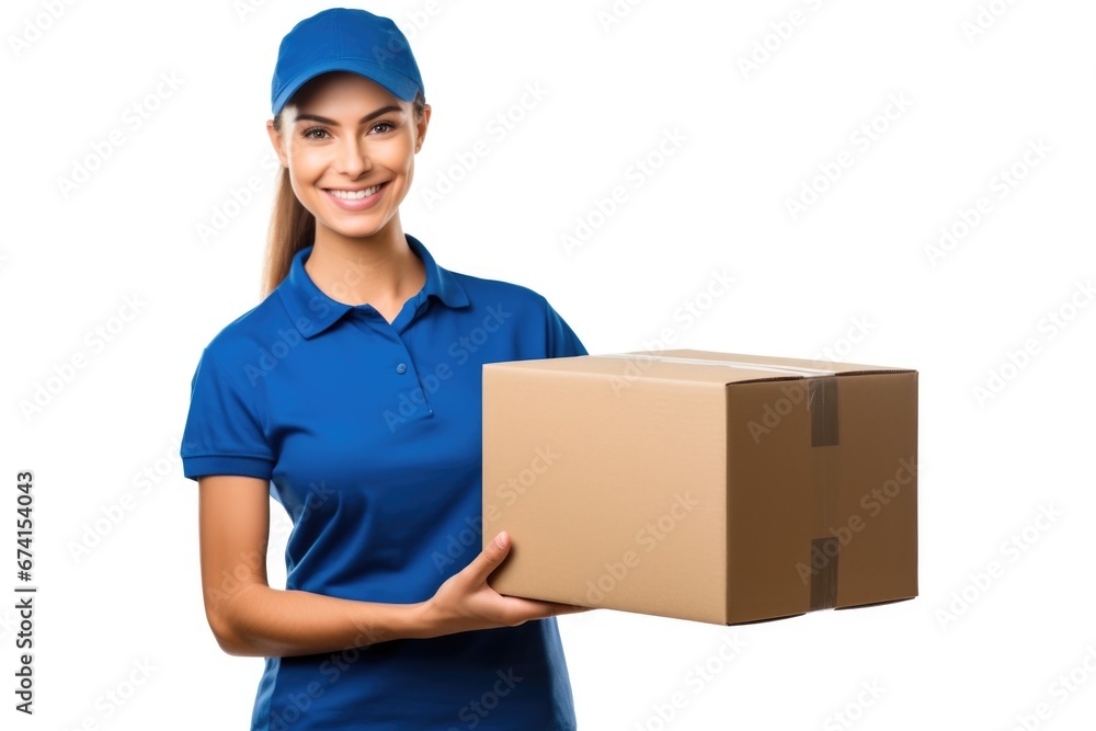 Friendly smiling woman in a postman's uniform with a parcel. Mail, delivery, parcel. Friendly smiling woman in a postman's uniform with a parcel. Mail, delivery, parcel.