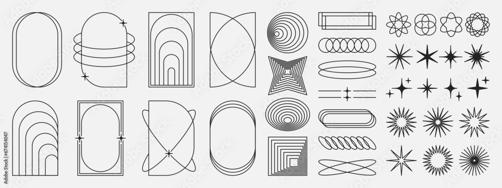 Minimalistic linear frames, arches, elements, stars, geometric shapes and lines. Aesthetic arched frames for poster design, vector set in modern style. - obrazy, fototapety, plakaty 