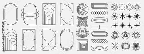 Minimalistic linear frames, arches, elements, stars, geometric shapes and lines. Aesthetic arched frames for poster design, vector set in modern style.