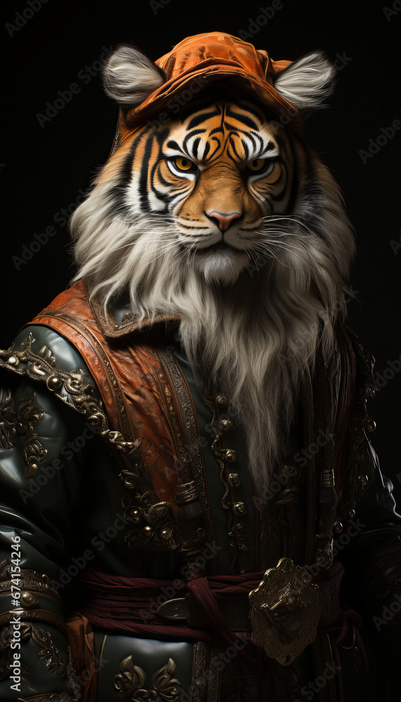 Tiger's guise, striking an intriguing pose in human wear Tiger's guise, striking an intriguing pose in human wear