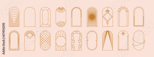 Modern aesthetic linear frames. Arch frames with sparkles and geometric forms for social media or poster design.